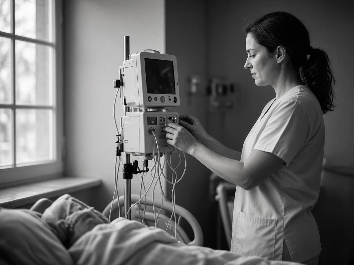 Clinician working with a medical device at the bedside